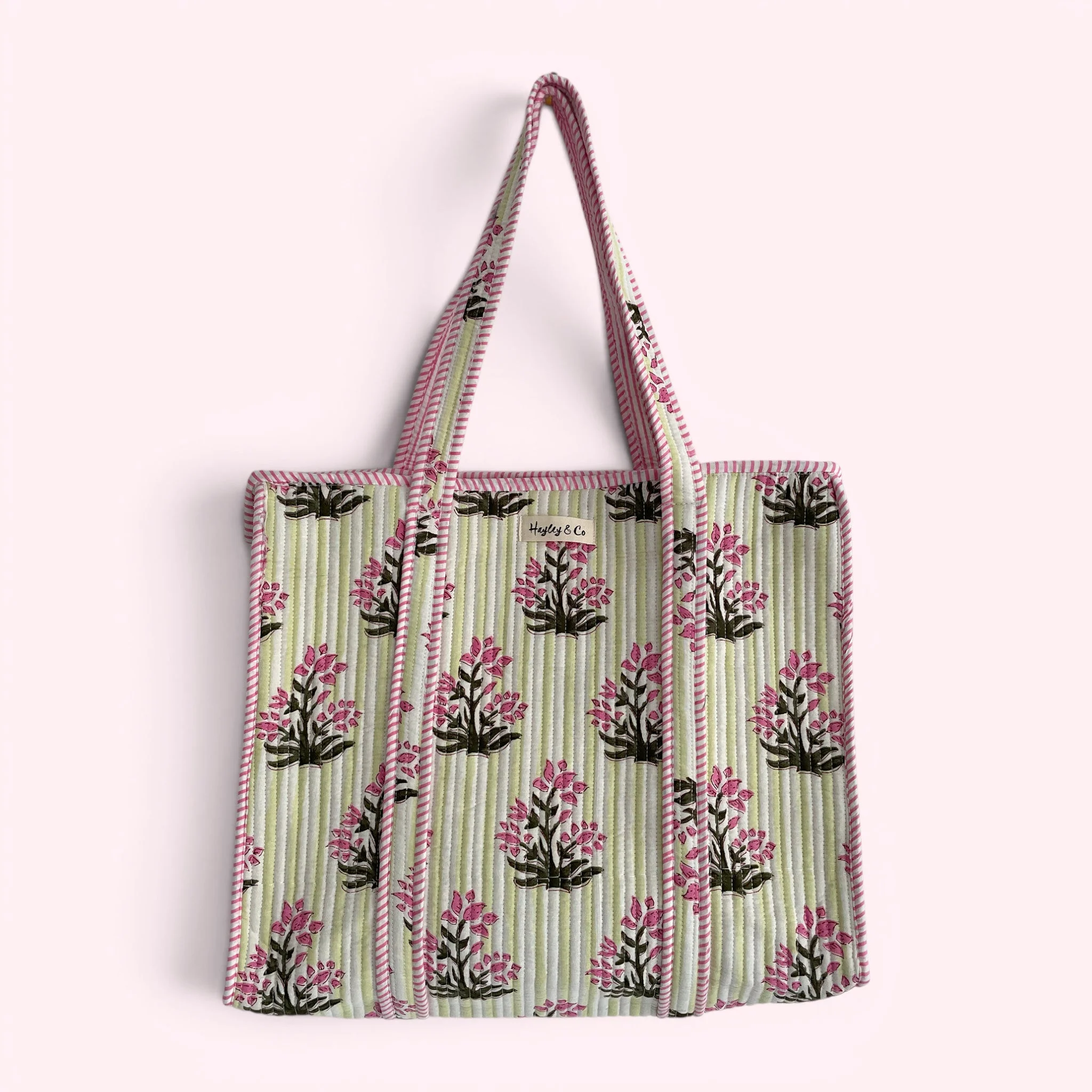 Pink and Green Floral and Stripe Quilted Cotton Tote Bag