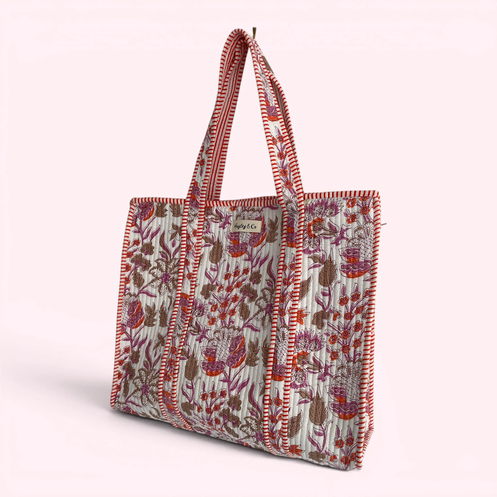 Pink and Orange Floral Quilted Cotton Tote Bag - Image 3