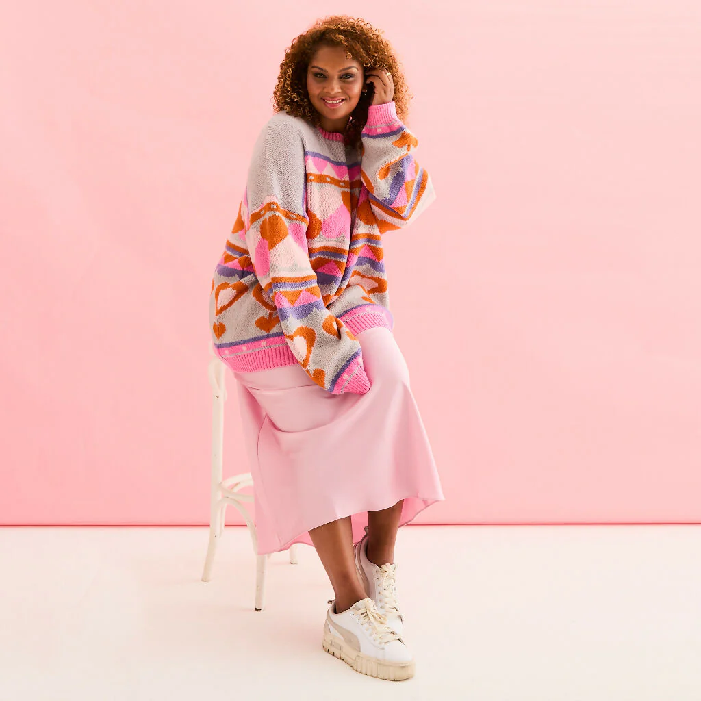 Poppy Heart Intarsia Balloon Sleeve Oversized Jumper - Blue - Image 12