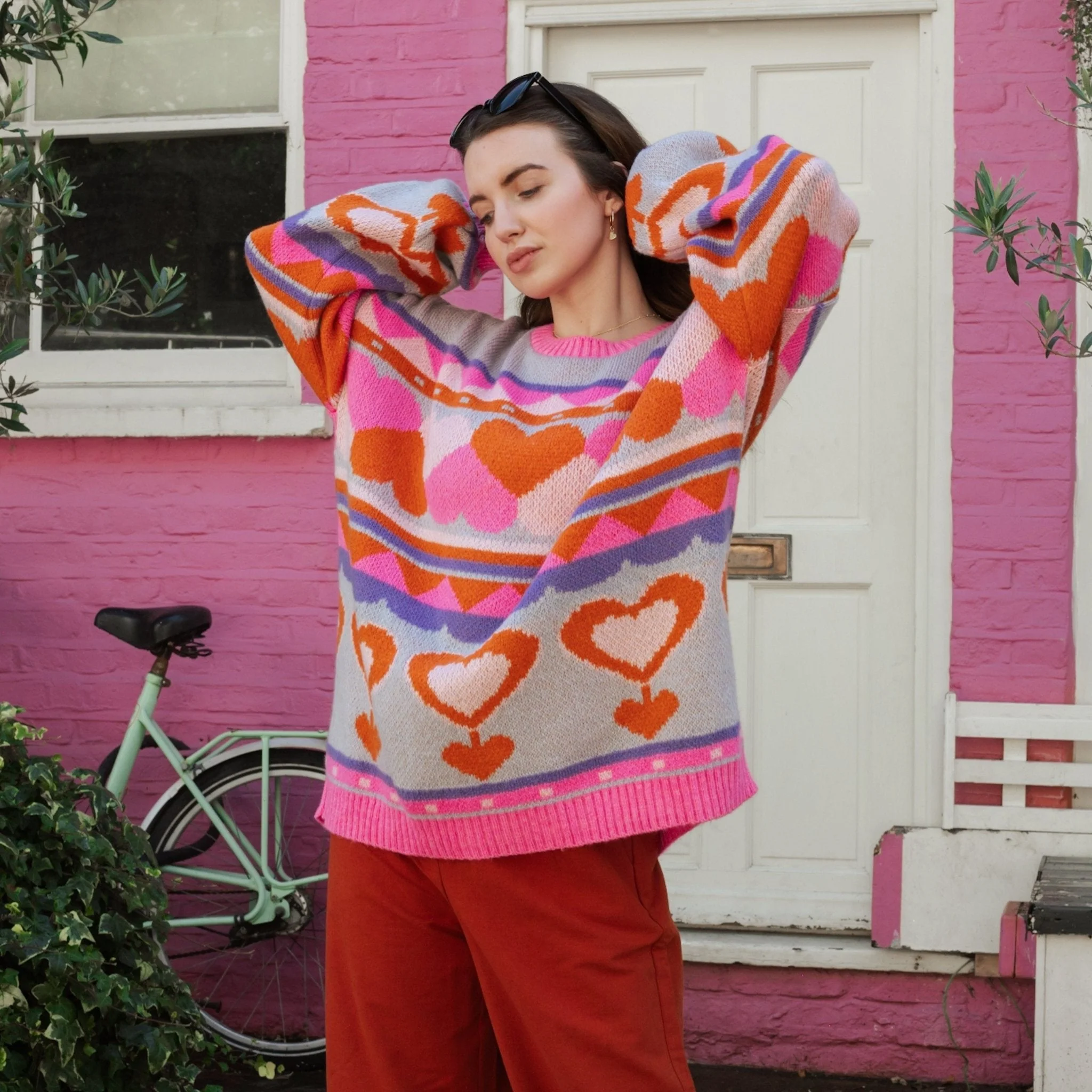 Poppy Heart Intarsia Balloon Sleeve Oversized Jumper - Blue - Image 5