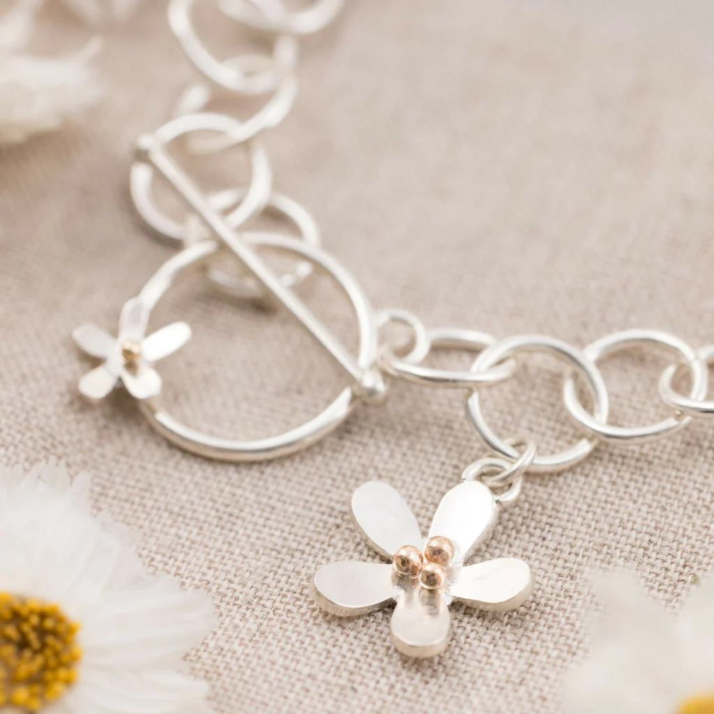 Silver Daisy Charm Bracelet with 9ct Gold Detail - Image 2