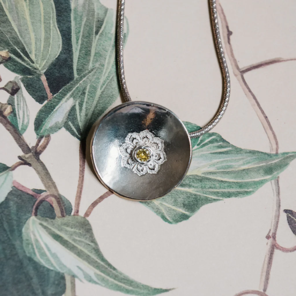 Silver Mandala Disc Necklace with Yellow CZ