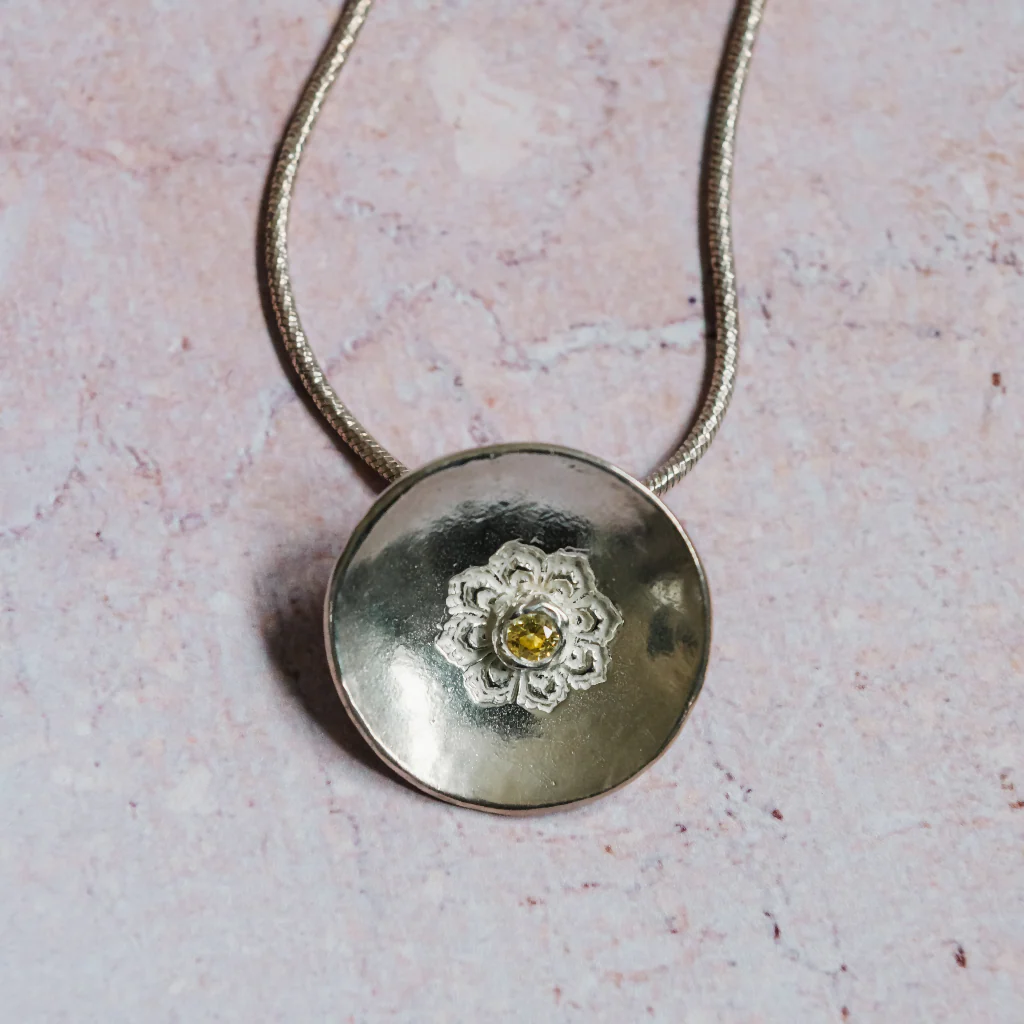 Silver Mandala Disc Necklace with Yellow CZ - Image 2