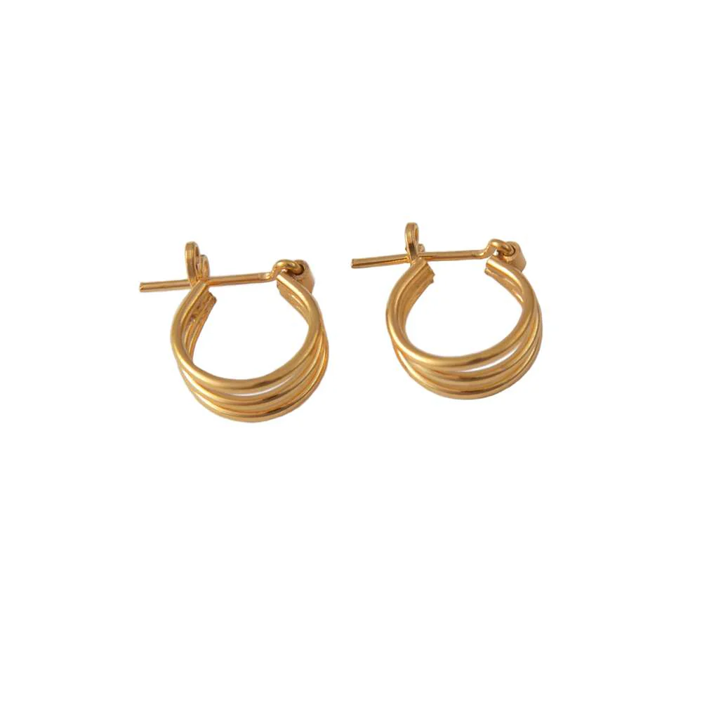Small Triple Ring Gold Plated Sterling Silver Hoop Earrings - Image 2