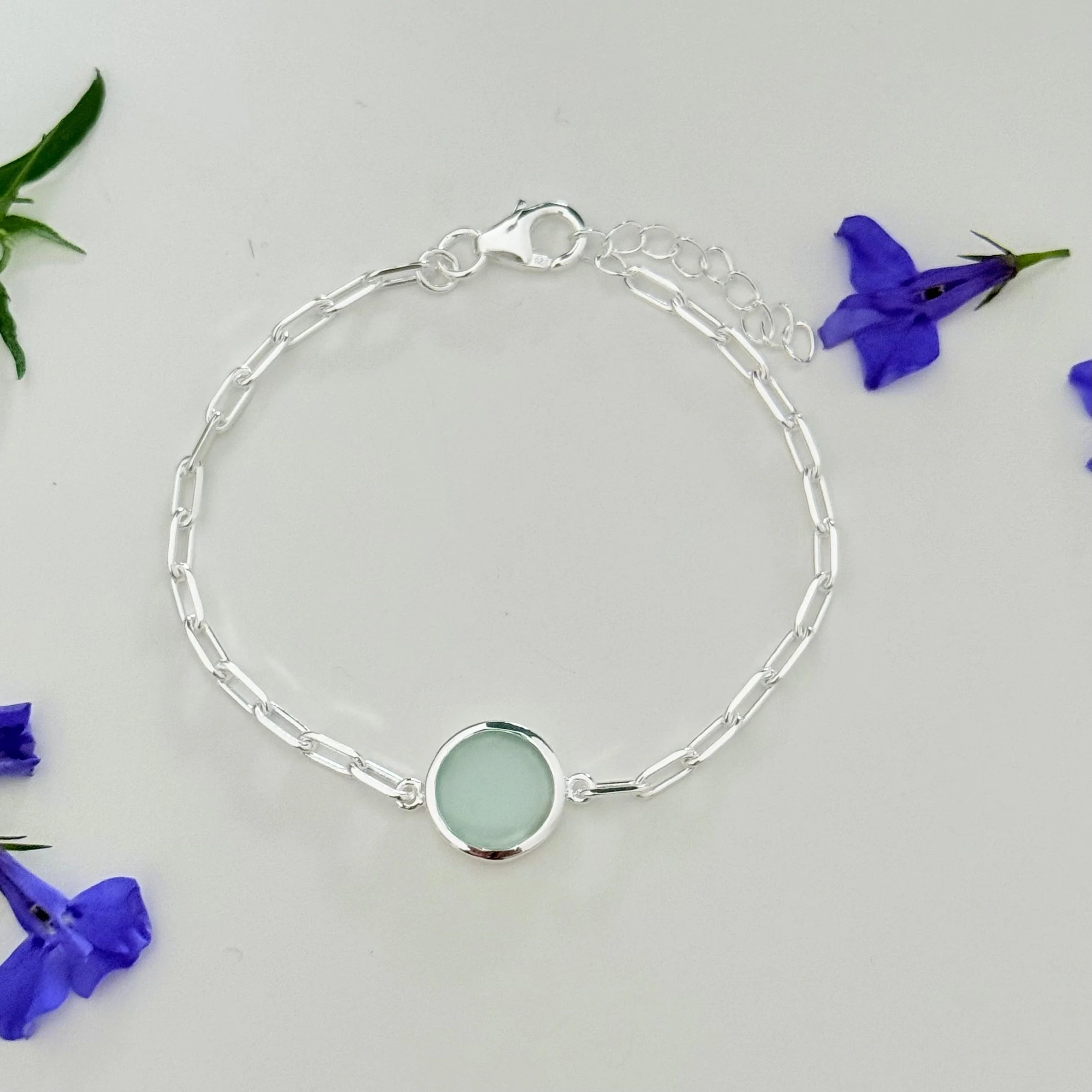 Sterling Silver Paperclip Link Chain Adjustable Bracelet with Round Aqua Chalcedony Gemstone - Image 3