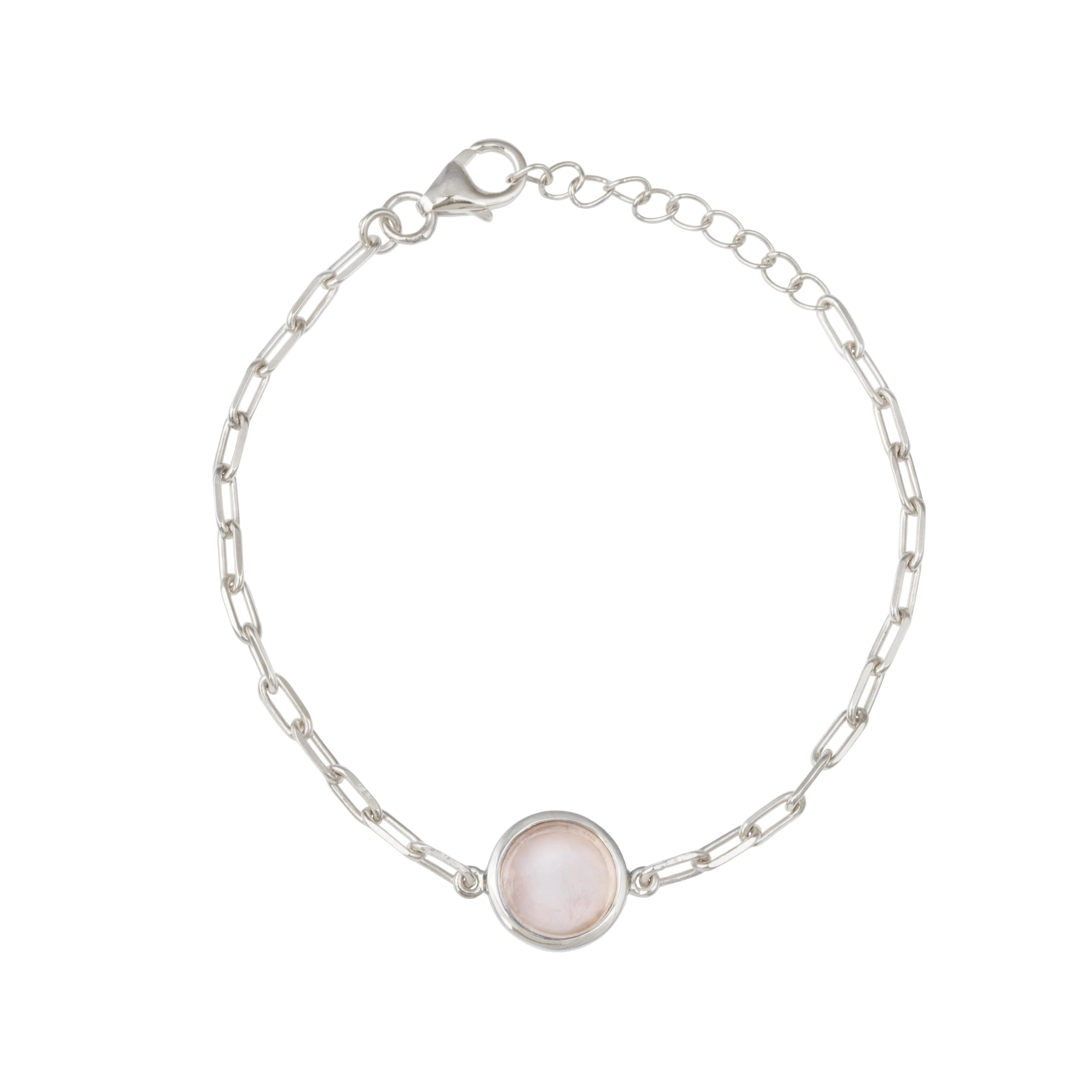 Sterling Silver Paperclip Link Chain Adjustable Bracelet with Round Rose Quartz Gemstone - Image 2