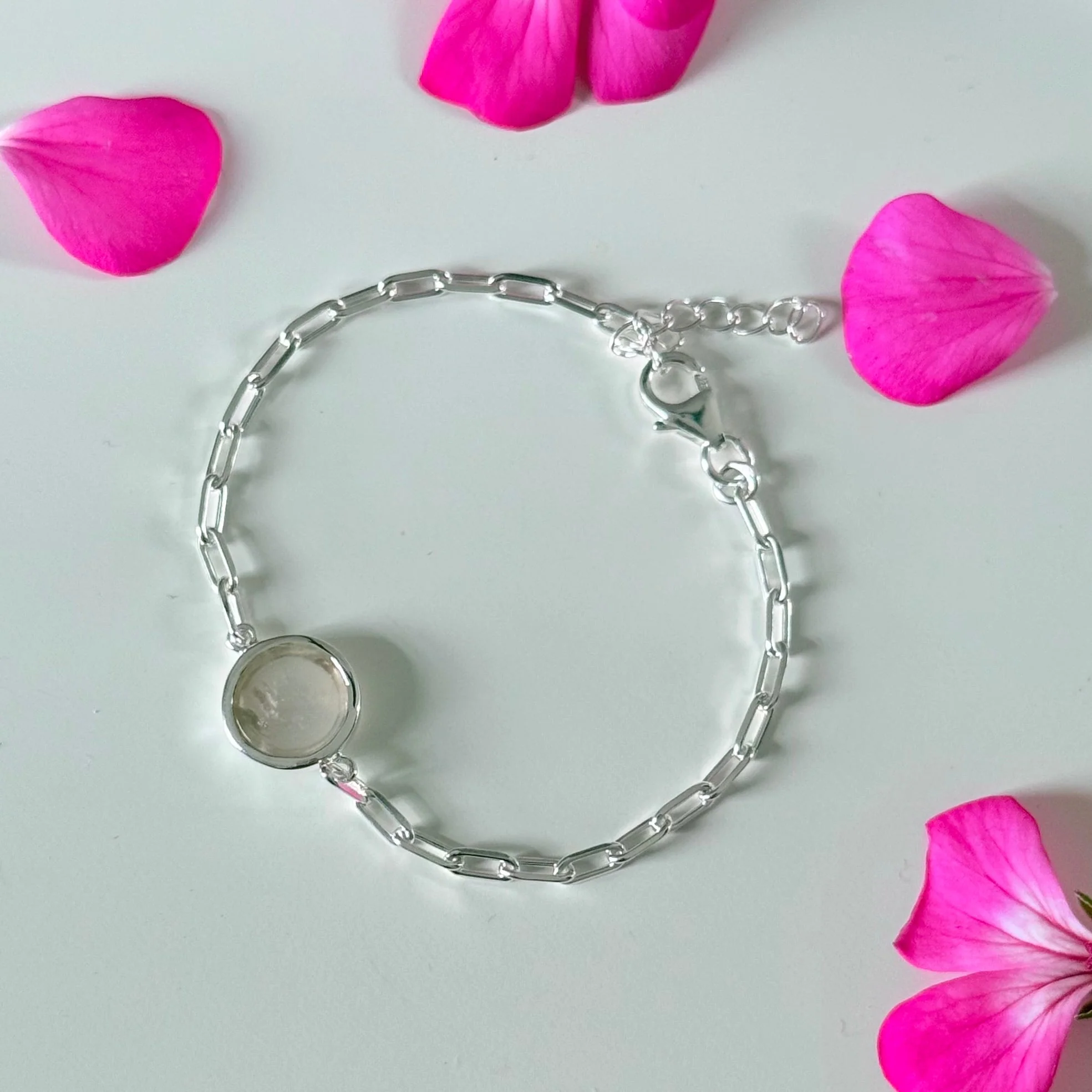 Sterling Silver Paperclip Link Chain Adjustable Bracelet with Round Rose Quartz Gemstone - Image 3
