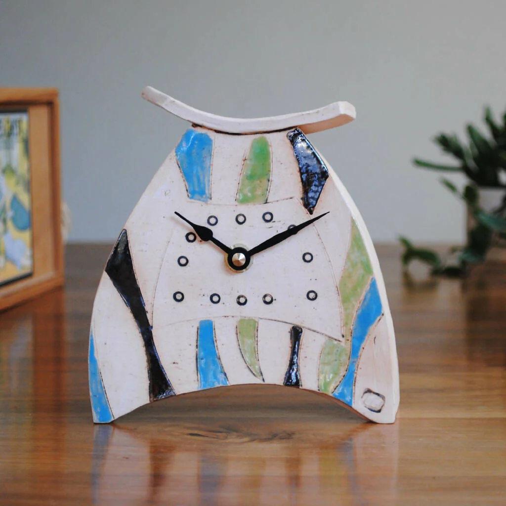 Striped Mantel Clock in Blue, Green and Metallic Black - Image 2