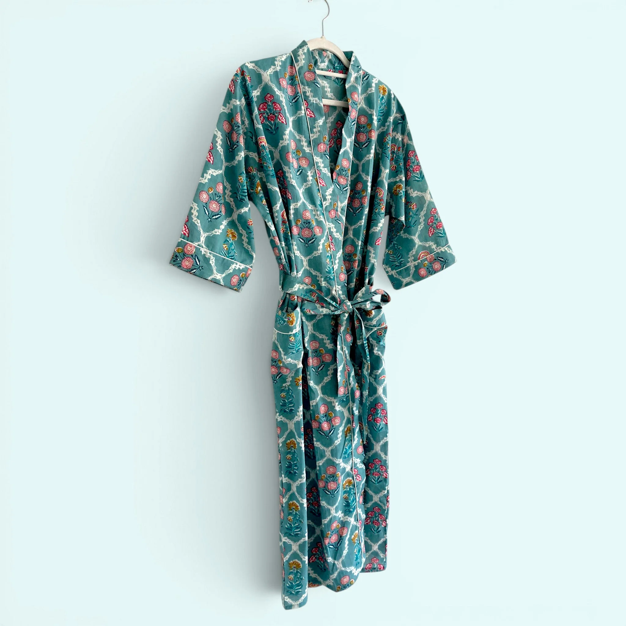 Teal Ditsy Floral Print 100% Cotton Block Print Dressing Gown - Image 4