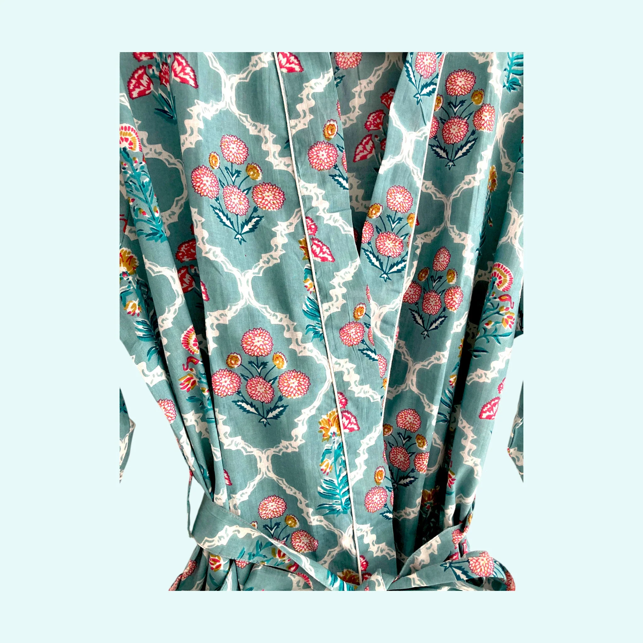 Teal Ditsy Floral Print 100% Cotton Block Print Dressing Gown - Image 5