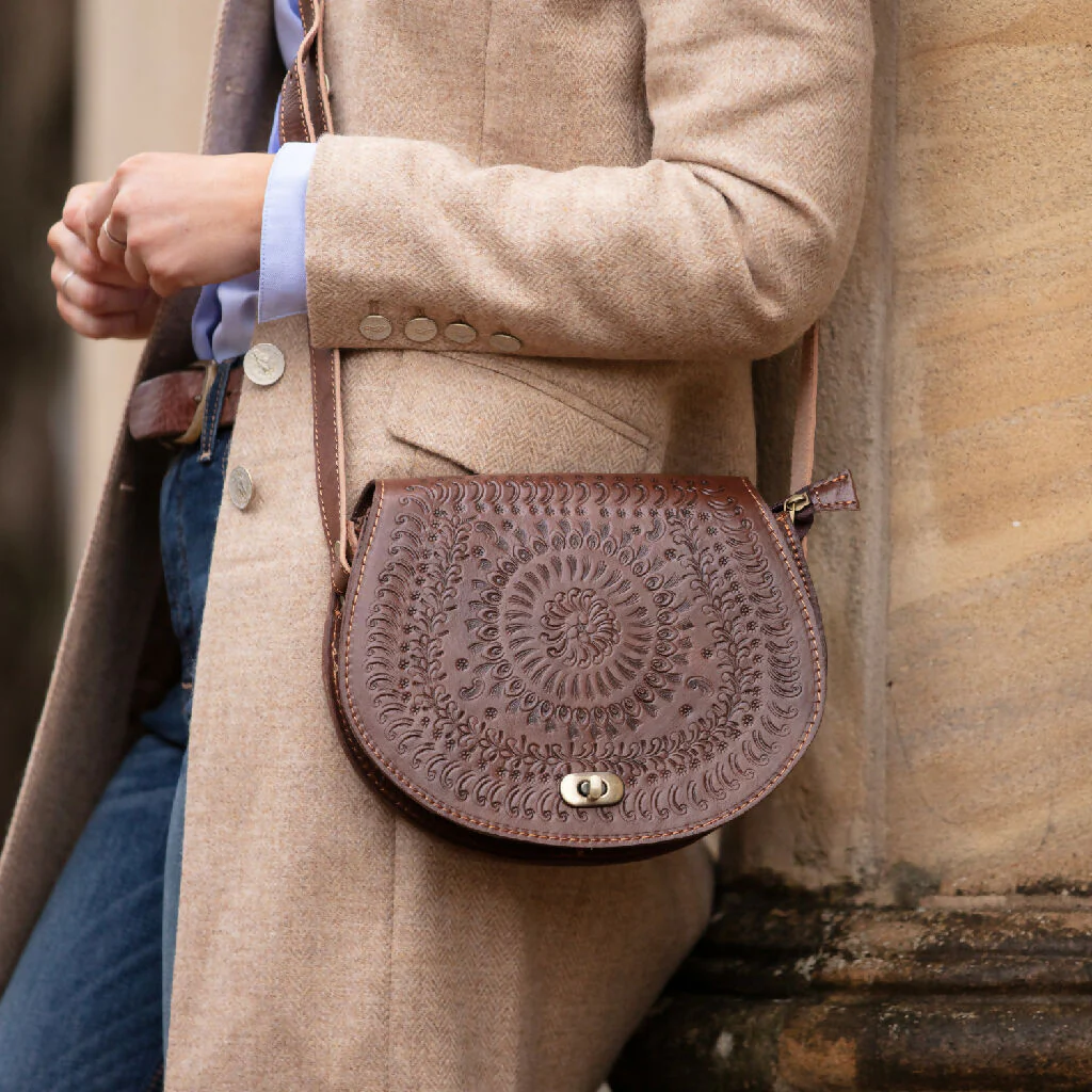 The Temara Embossed Saddle Bag in Brown