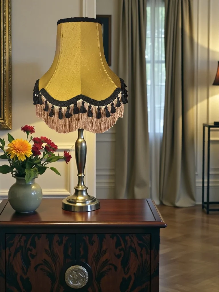 Traditional antique gold fabric lampshades with black tassels - Available in 8 sizes - Image 4