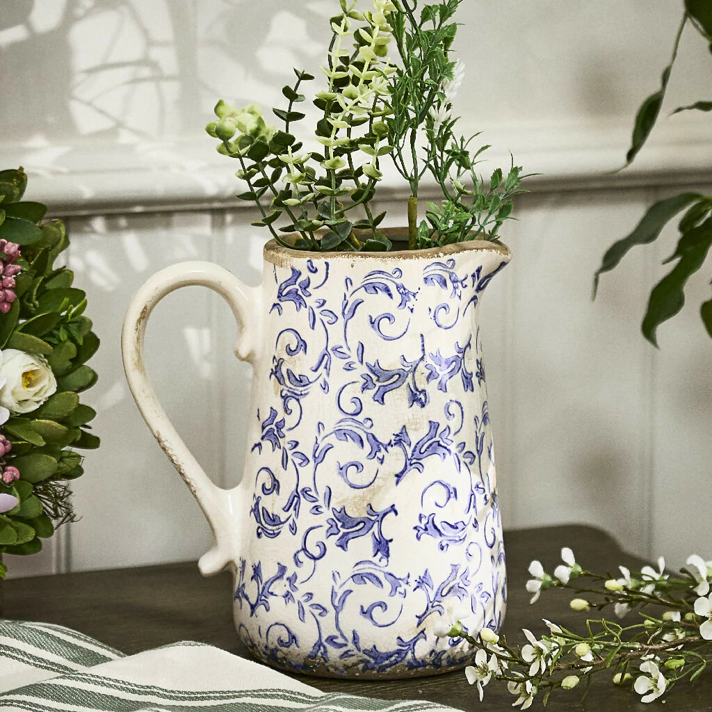Traditional Solene Blue Botanical Pitcher Jug Decorative Flower Pot Planter - Image 2