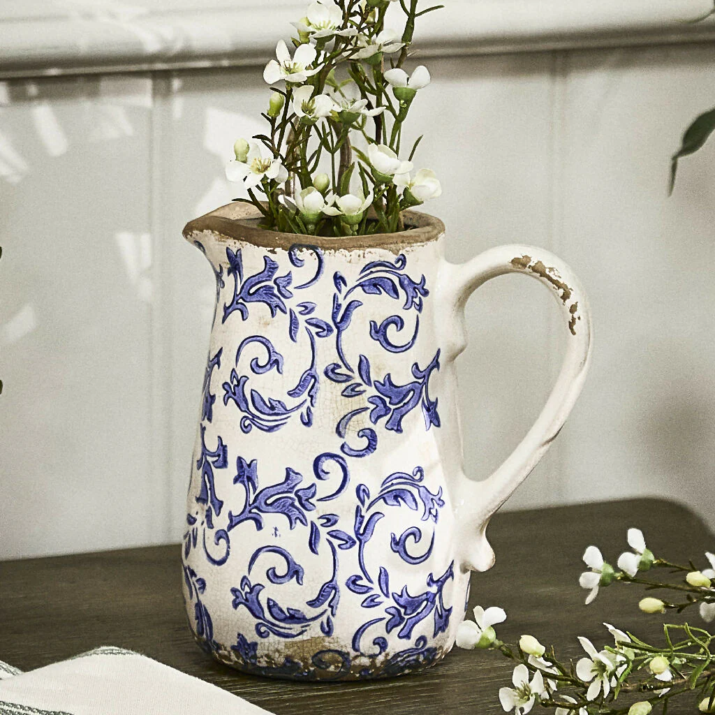 Traditional Solene Blue Botanical Pitcher Jug Decorative Flower Pot Planter - Image 3