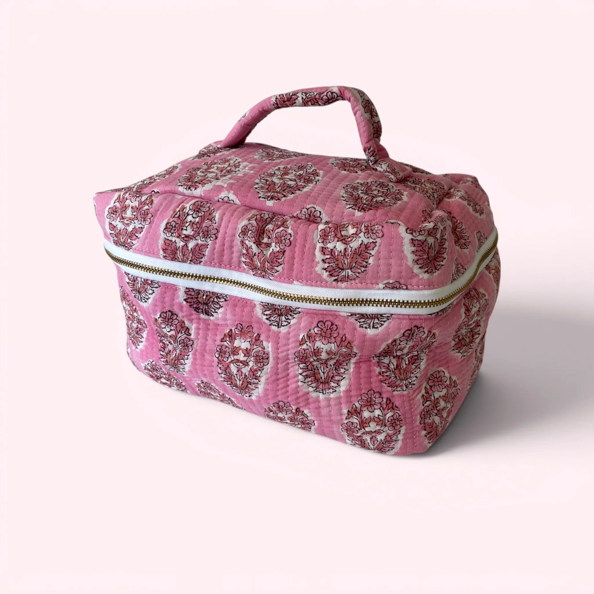 Vanity Bag - Quilted Cotton Toiletry Bag in Pink Flower Block Print - Image 2