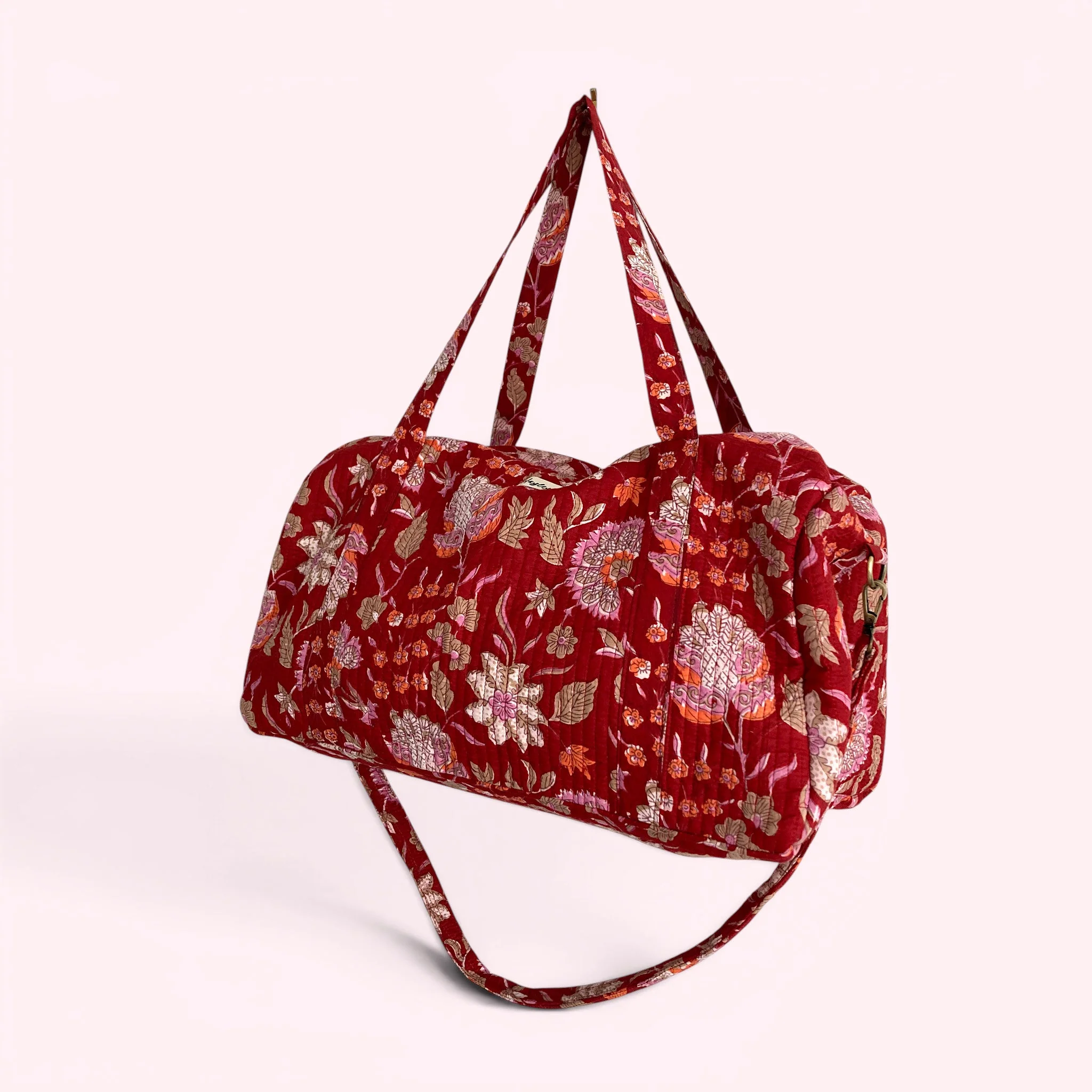 Weekend Duffle Bag | Red Block Print Floral with Long Strap - Image 6