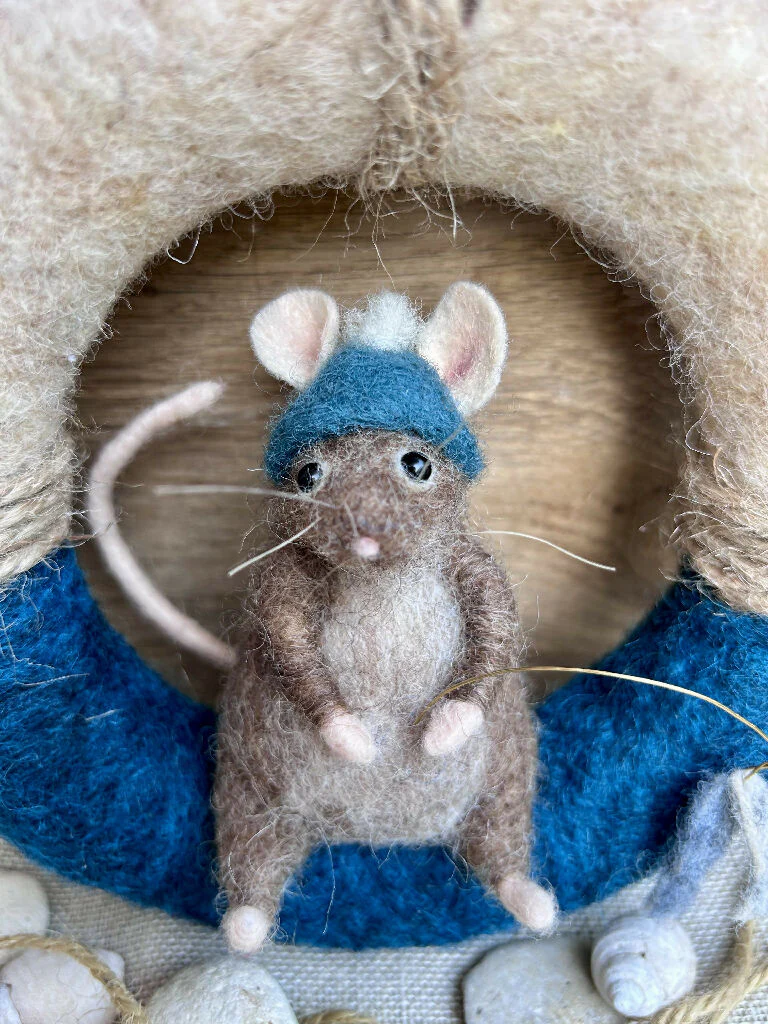 Whimsical Needle-Felted Beach Mouse in Fisherman Hat on Coastal Wreath - Image 6