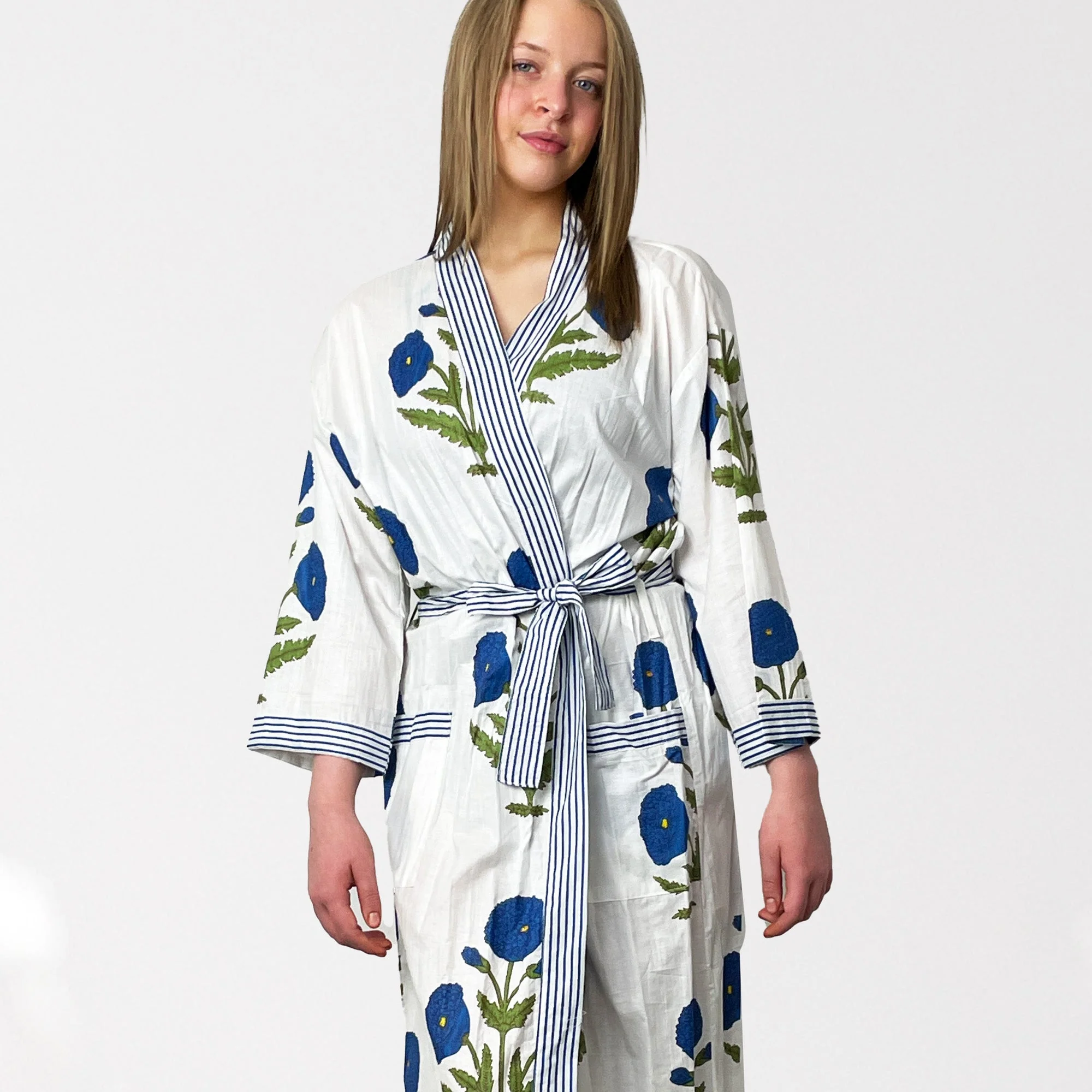 White and Blue Flower Print 100% Cotton Dressing Gown