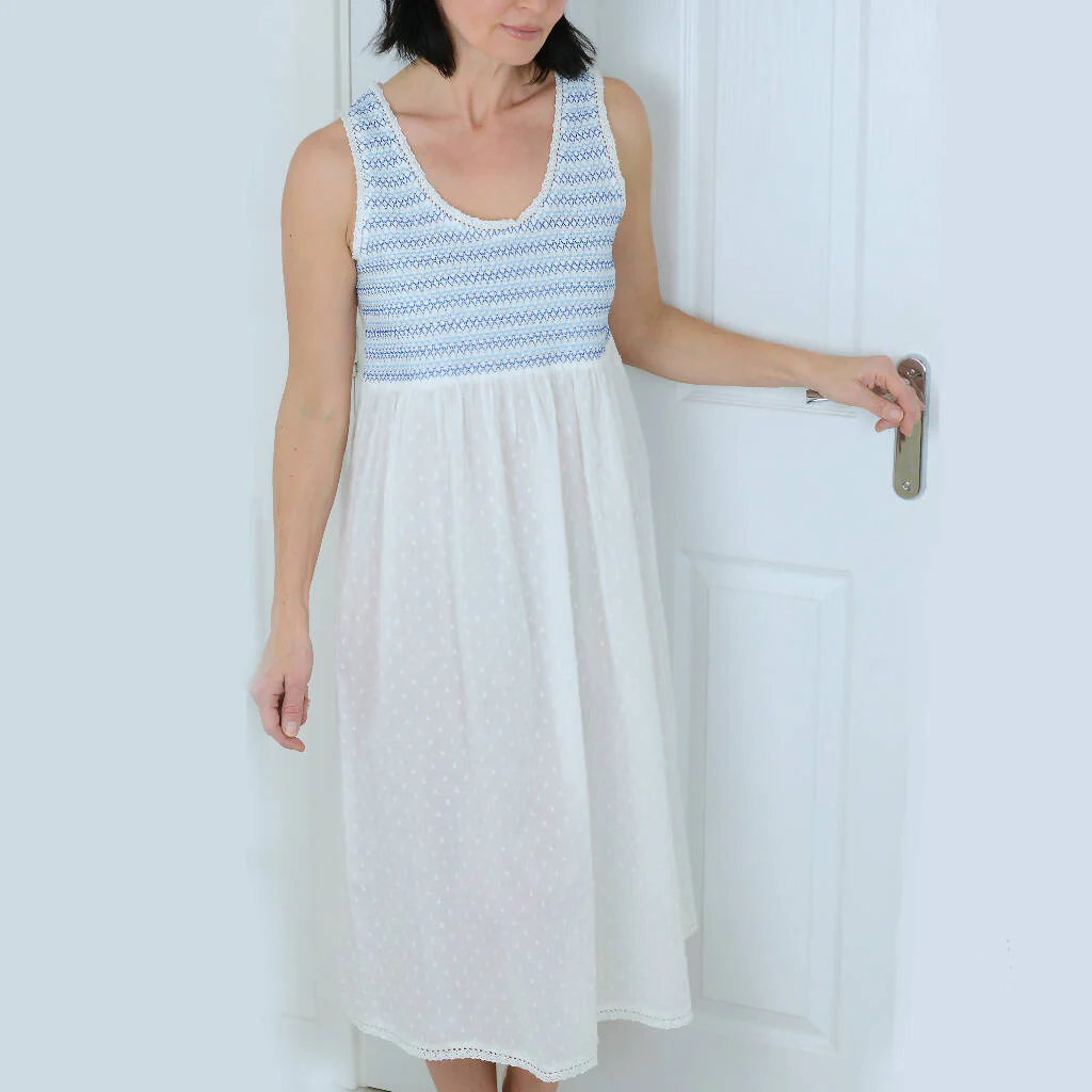 White Cotton Nightdress with Deep Smocking - Image 4
