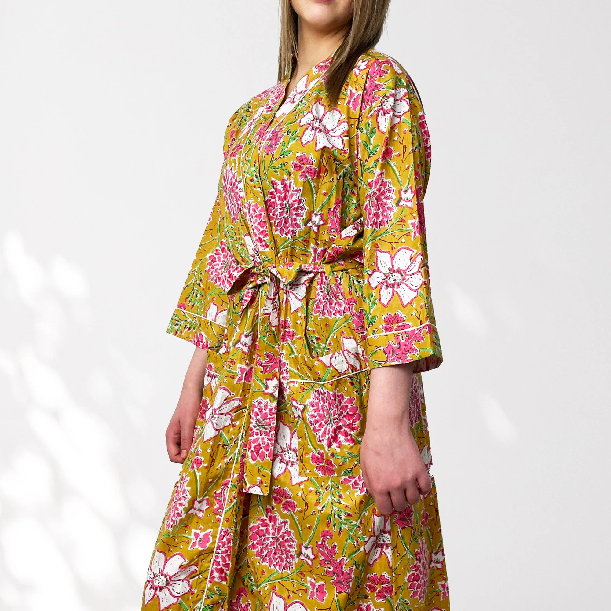 Yellow Floral Print 100% Cotton Dressing Gown - Image 3