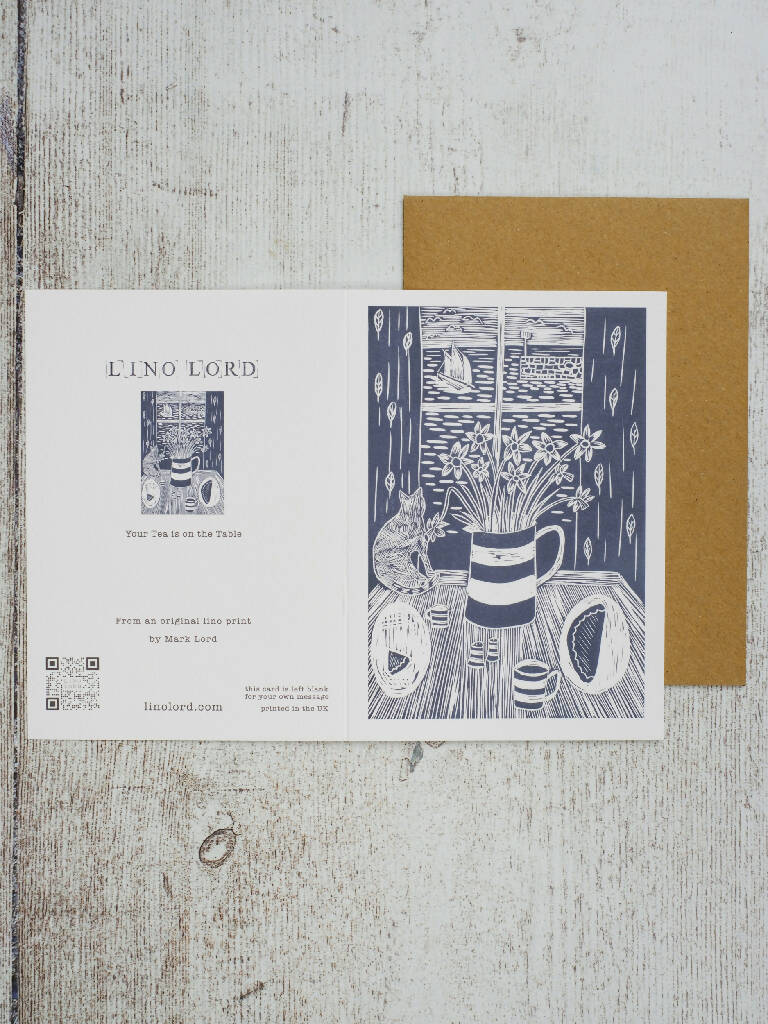Your Tea is on the Table A6 Lino Print Greeting Card - Image 2