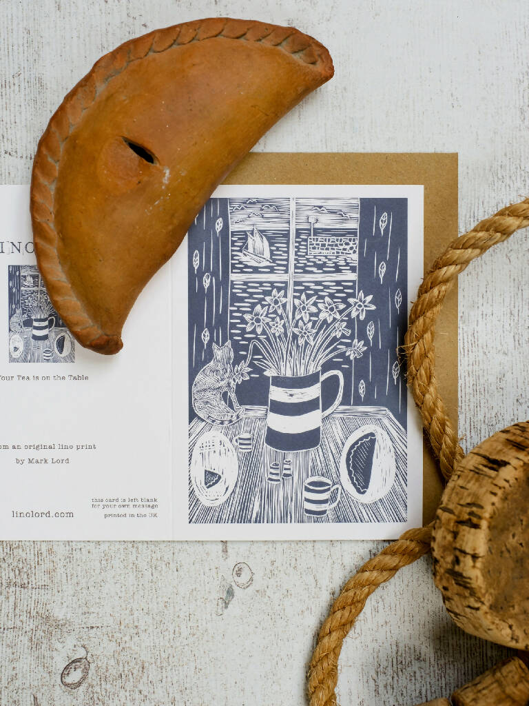 Your Tea is on the Table A6 Lino Print Greeting Card - Image 3